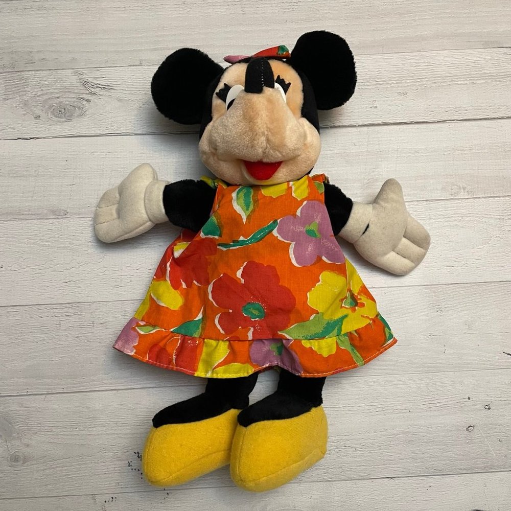 DISNEY Minnie Mouse Plush stuffed Animal Vintage Orange Flower Dress 14”